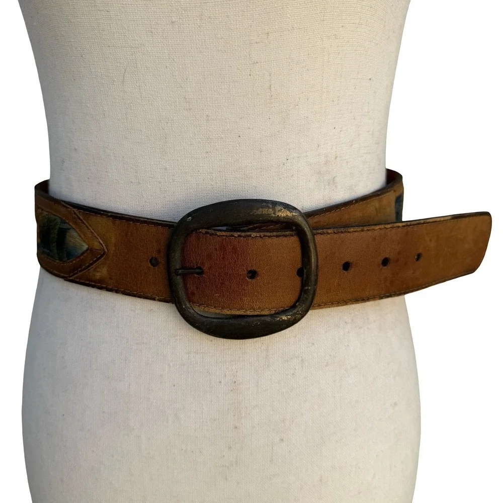 Swank Vintage Brown Leather Hand Embroidered Denim Belt Haiti Boho Western 30-32
